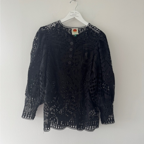 FARM RIO Black Guipire Puff Sleeve Blouse M - Picture 4 of 7